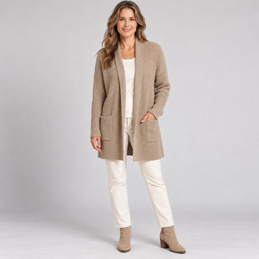 Yvette Stretch Ribbed Open-Front Cardigan — Camel | Emory & Blanc