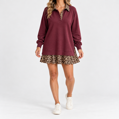 Zelie Soft Leopard Collar Mini Dress — Burgundy | Emory & Blanc