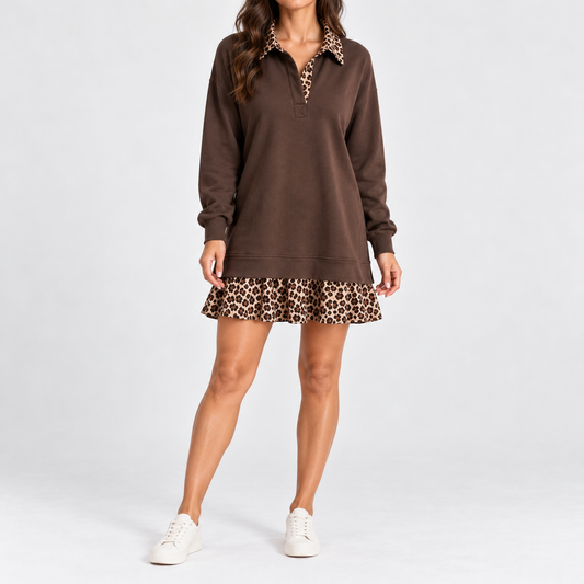 Zelie Soft Leopard Collar Mini Dress — Dark Brown | Emory & Blanc