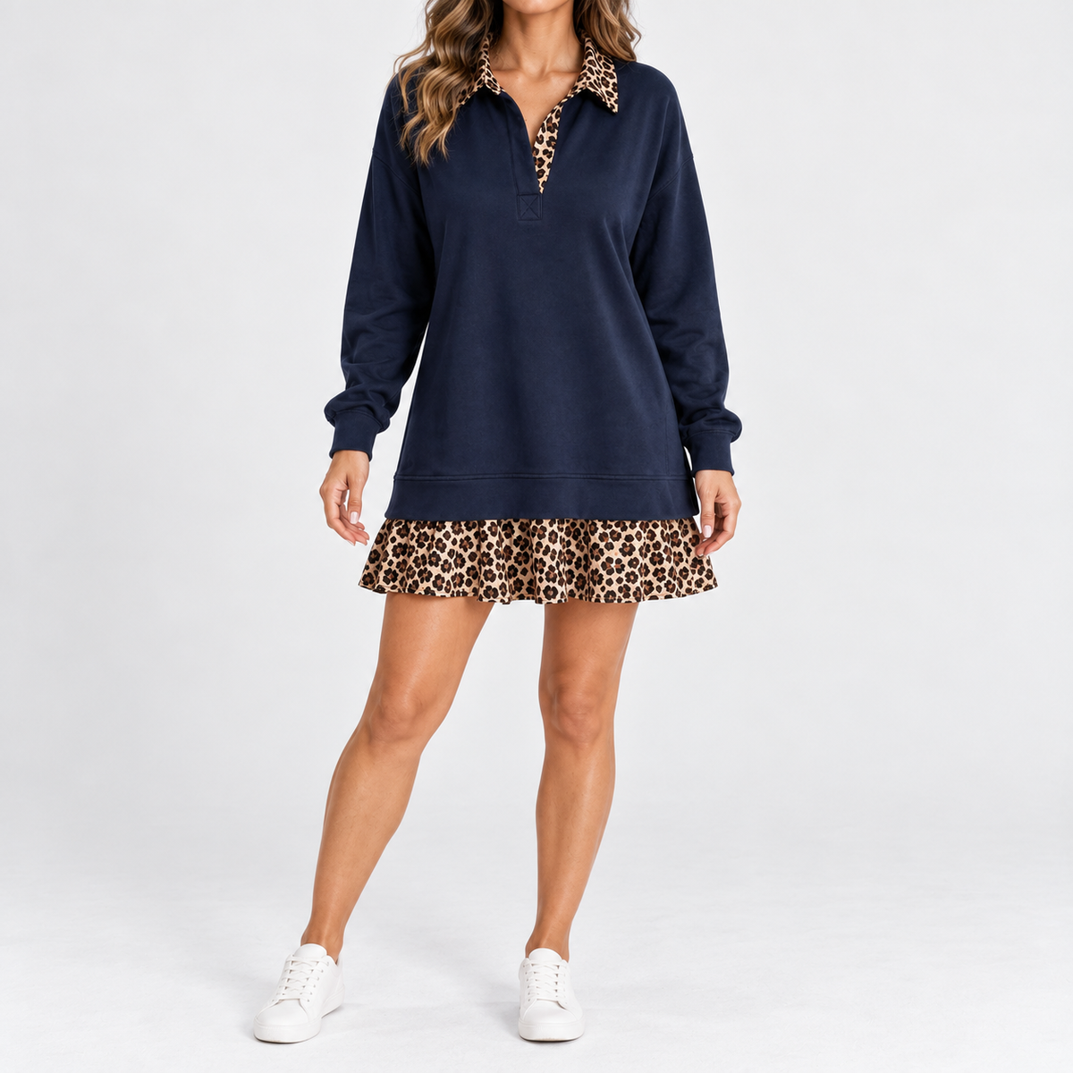 Zelie Soft Leopard Collar Mini Dress — Navy Blue | Emory & Blanc