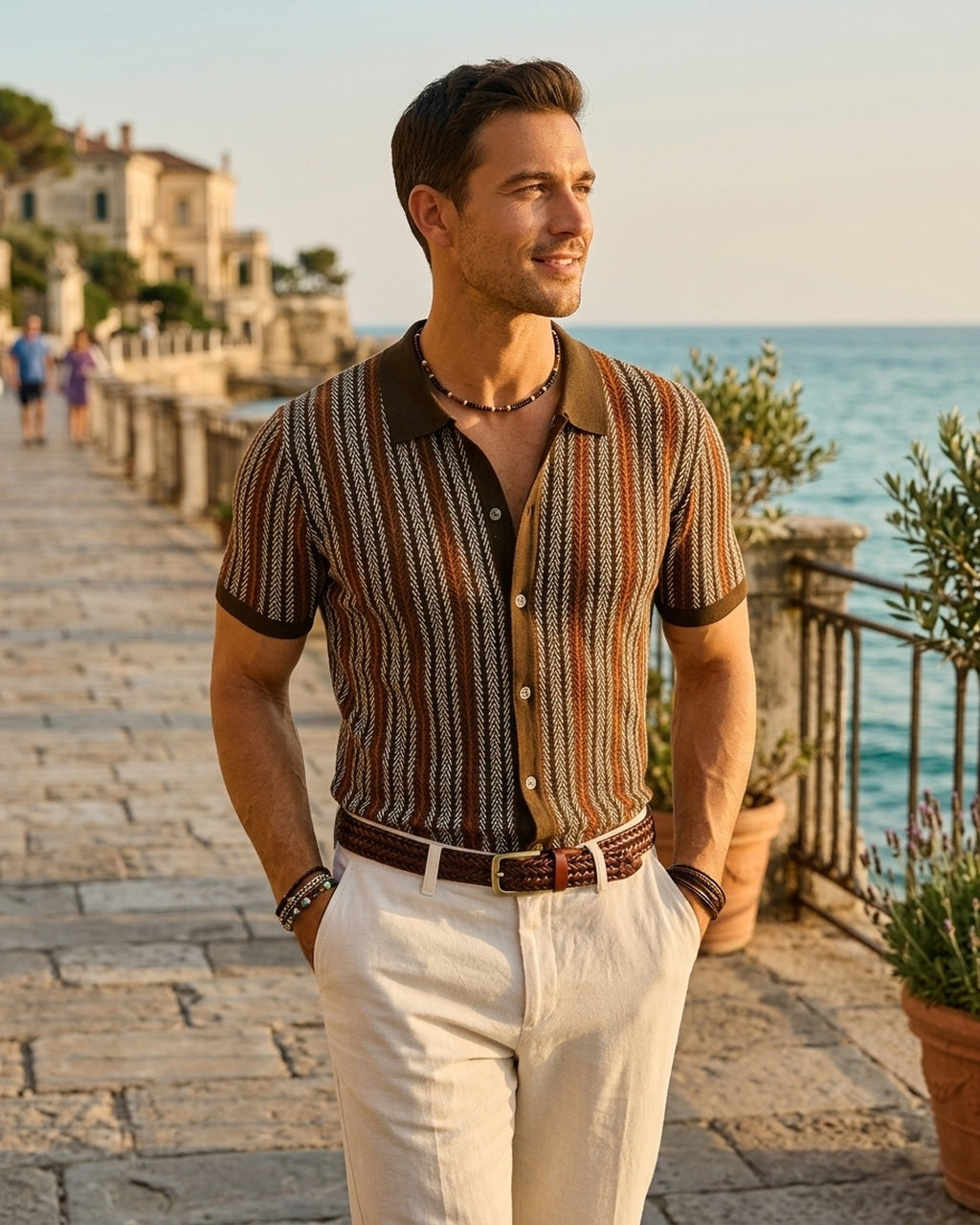Romano Button Up lifestyle image coastal promenade