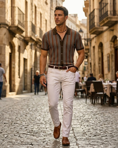 Romano Button Up lifestyle image old town street