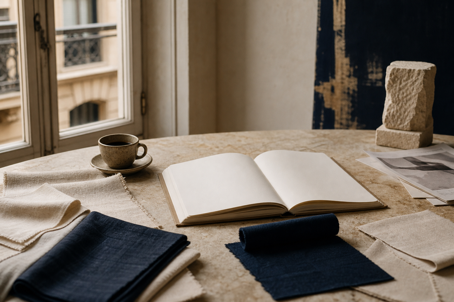 Emory & Blanc studio table with linen swatches, notebook, and warm morning light